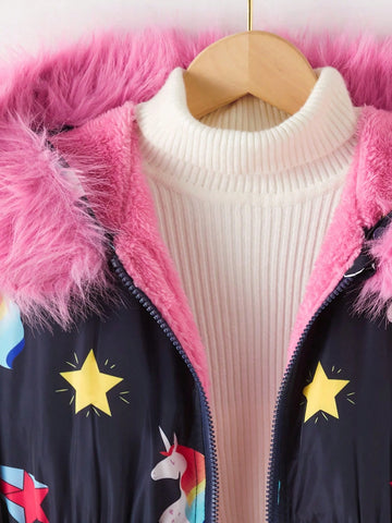 Girls Young Girl New Fashionable Cute Naughty Black Colorful Rainbow Unicorn Diamond Pattern Hooded Thickened Fleece Jacket