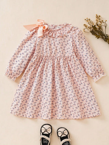 Girls & Toddler Ditsy Floral Tie Bow Ruffled Collar Short Dress With Long Sleeve, Sweet Style Suitable For Outdoor Wear, Spring/Autumn