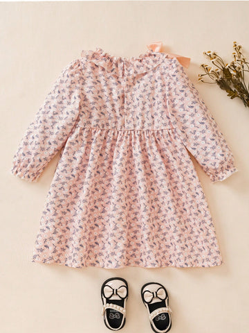 Girls & Toddler Ditsy Floral Tie Bow Ruffled Collar Short Dress With Long Sleeve, Sweet Style Suitable For Outdoor Wear, Spring/Autumn