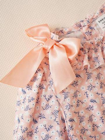 Girls & Toddler Ditsy Floral Tie Bow Ruffled Collar Short Dress With Long Sleeve, Sweet Style Suitable For Outdoor Wear, Spring/Autumn