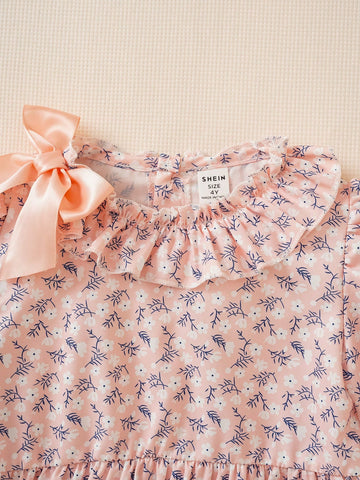 Girls & Toddler Ditsy Floral Tie Bow Ruffled Collar Short Dress With Long Sleeve, Sweet Style Suitable For Outdoor Wear, Spring/Autumn