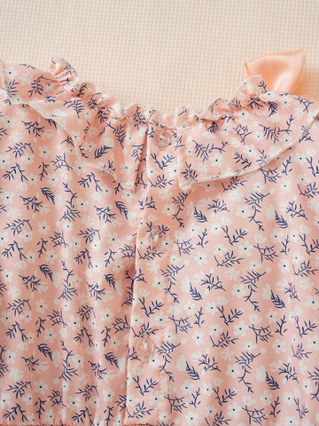 Girls & Toddler Ditsy Floral Tie Bow Ruffled Collar Short Dress With Long Sleeve, Sweet Style Suitable For Outdoor Wear, Spring/Autumn