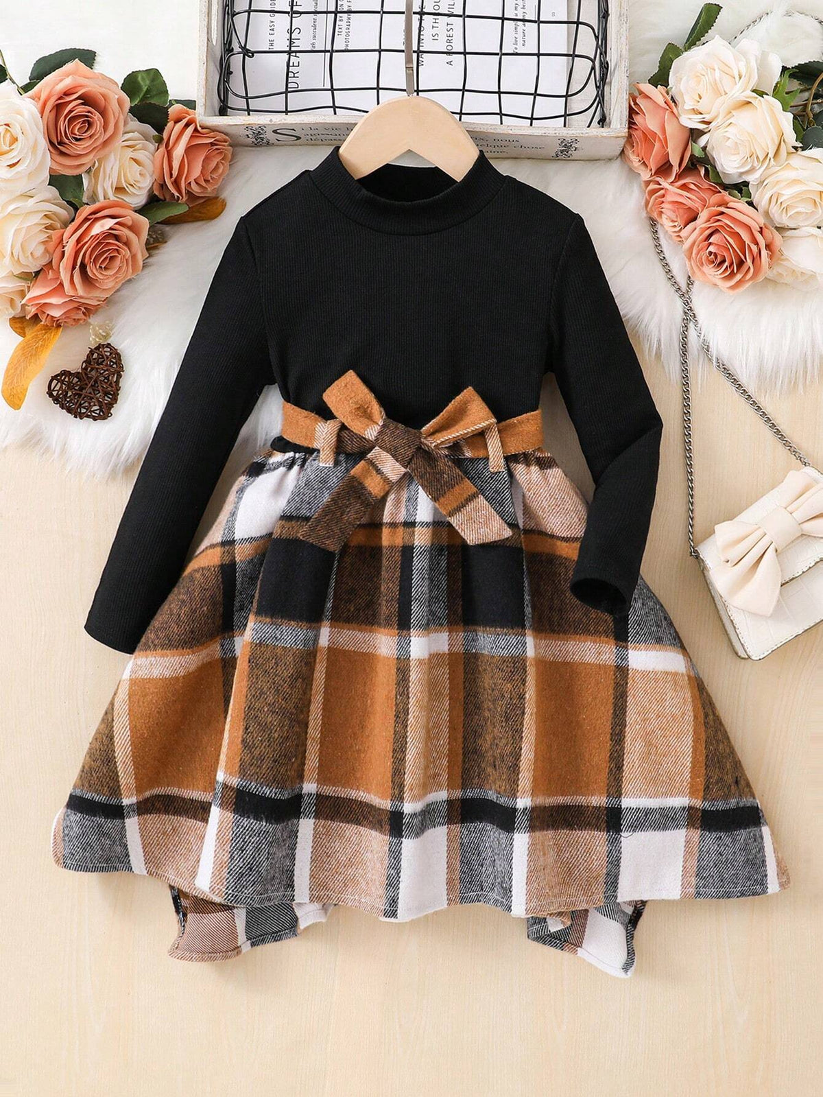 Girls & Toddlers' Plaid Patchwork Knit Turtleneck Dress, Suitable For Casual Daily Wear