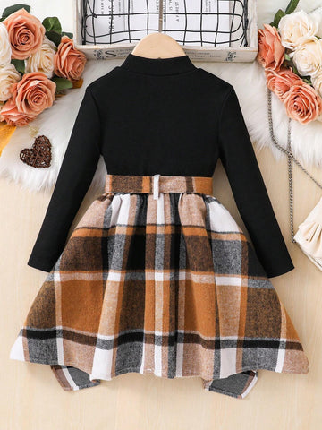 Girls & Toddlers' Plaid Patchwork Knit Turtleneck Dress, Suitable For Casual Daily Wear