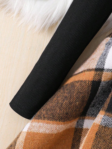 Girls & Toddlers' Plaid Patchwork Knit Turtleneck Dress, Suitable For Casual Daily Wear