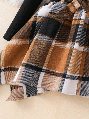 Girls & Toddlers' Plaid Patchwork Knit Turtleneck Dress, Suitable For Casual Daily Wear