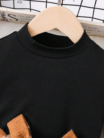 Girls & Toddlers' Plaid Patchwork Knit Turtleneck Dress, Suitable For Casual Daily Wear