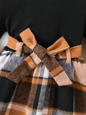 Girls & Toddlers' Plaid Patchwork Knit Turtleneck Dress, Suitable For Casual Daily Wear