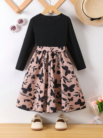 Girls's Casual Texture Ribbed Velvet Long Sleeve Dress With Waist Belt, Fashionable All-Match Look