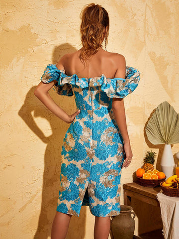 Giselle Jacquard Off Shoulder Midi Dress In Blue