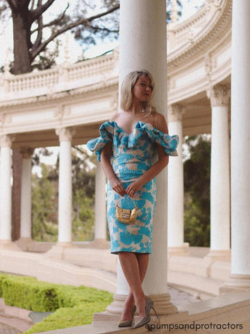 Giselle Jacquard Off Shoulder Midi Dress In Blue