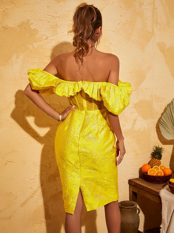 Giselle Jacquard Off Shoulder Midi Dress In Blue