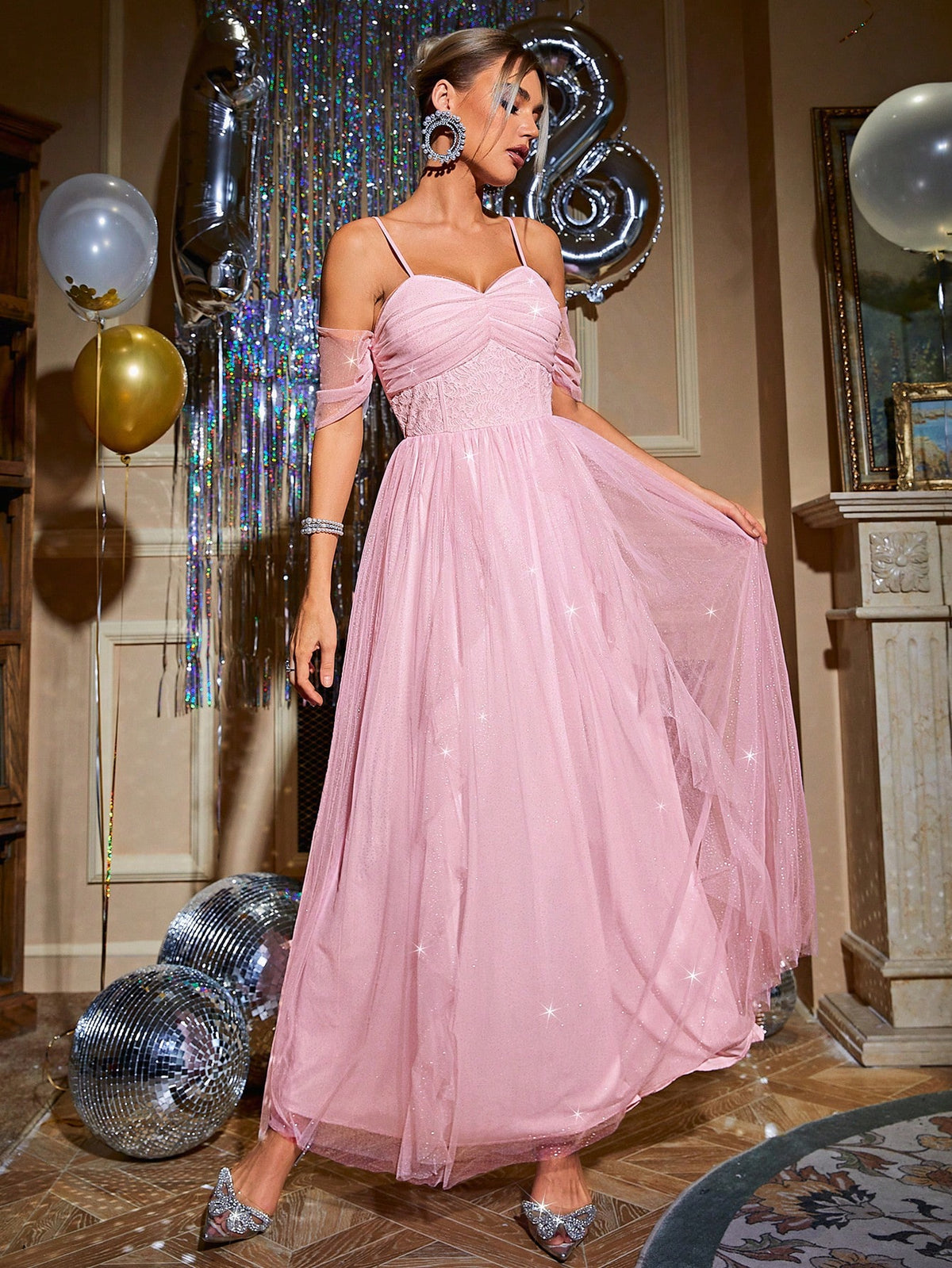 Glamaker Off-Shoulder Net Yarn Hem Bridesmaid Dress (Adult)