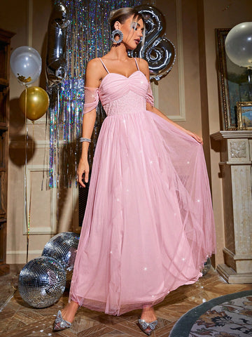 Glamaker Off-Shoulder Net Yarn Hem Bridesmaid Dress (Adult)