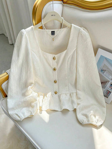 DAZY Women's Casual Solid Color Loose Long Sleeve Front Button Shirt, Autumn