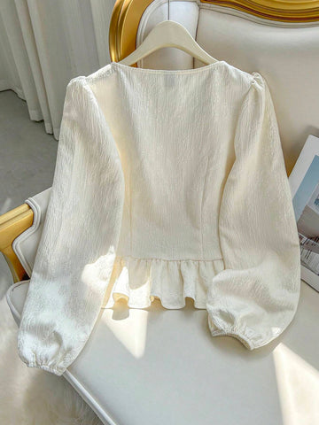 DAZY Women's Casual Solid Color Loose Long Sleeve Front Button Shirt, Autumn