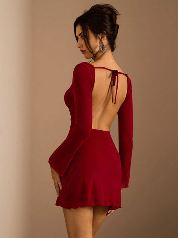 Glamine 1pc Women Solid Color Long Sleeve Draped Neck Bodycon Casual Dress