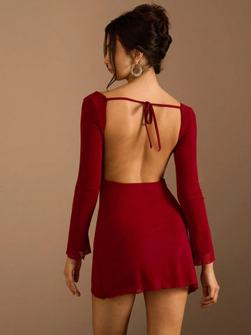 Glamine 1pc Women Solid Color Long Sleeve Draped Neck Bodycon Casual Dress