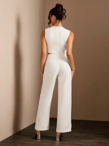 Glamine 2Pcs/Set Women Solid Color Front Zip Sleeveless Top And Long Pants, Elegant & Fashionable