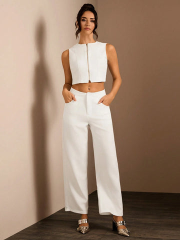 Glamine 2Pcs/Set Women Solid Color Front Zip Sleeveless Top And Long Pants, Elegant & Fashionable