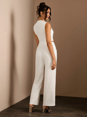 Glamine 2Pcs/Set Women Solid Color Front Zip Sleeveless Top And Long Pants, Elegant & Fashionable