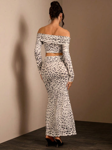 Glamine 2pcs/Set Women Off-Shoulder Long Sleeve Leopard Print Blouse And Skirt SetGlamine 2pcs/Set Women Off-Shoulder Long Sleeve Leopard Print Blouse And Skirt Set