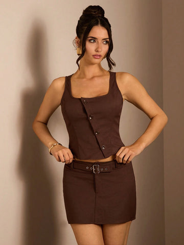 Glamine 2pcs Women Solid Color Button Front Sleeveless Blouse & A-Line Skirt Set