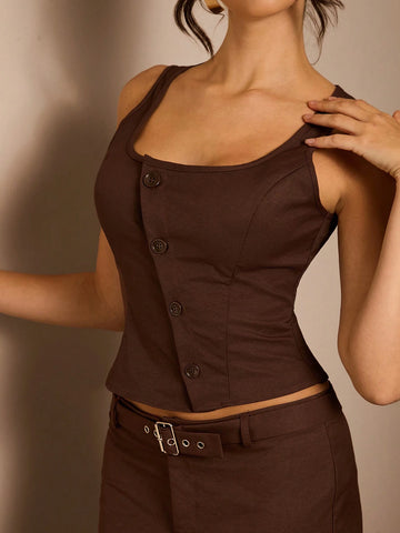 Glamine 2pcs Women Solid Color Button Front Sleeveless Blouse & A-Line Skirt Set