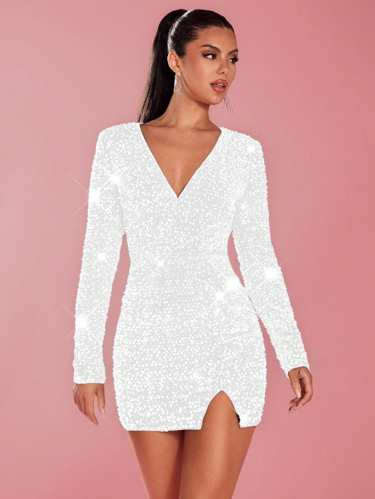 Glamine Deep V-Neck Sequin Mini Skirt, Solid Color V-Neck Fitted Long Sleeve, Minimalist Fashion Casual Everyday Wear