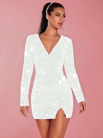 Glamine Deep V-Neck Sequin Mini Skirt, Solid Color V-Neck Fitted Long Sleeve, Minimalist Fashion Casual Everyday Wear
