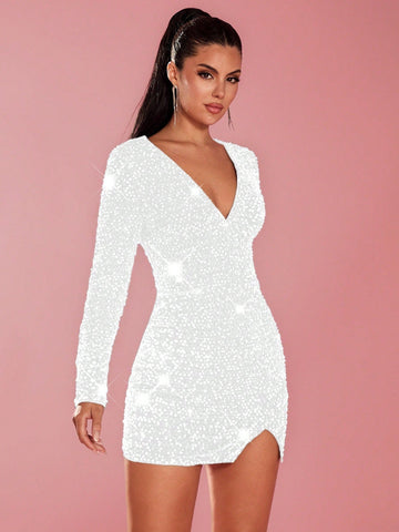 Glamine Deep V-Neck Sequin Mini Skirt, Solid Color V-Neck Fitted Long Sleeve, Minimalist Fashion Casual Everyday Wear