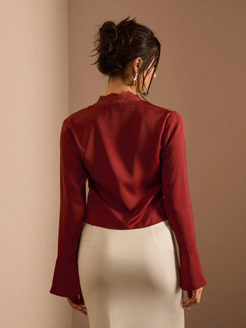 Elegant Solid Color Lace Flare Sleeve Women's Blouse For Autumn