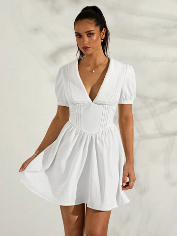 Glamine French Vintage Design Peter Pan Collar Puff Sleeve Women's Spring/Summer A-Line Waist Pleated White Dress