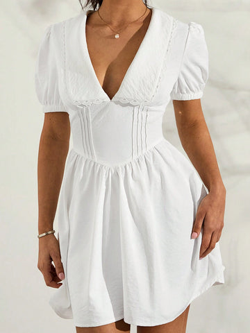 Glamine French Vintage Design Peter Pan Collar Puff Sleeve Women's Spring/Summer A-Line Waist Pleated White Dress