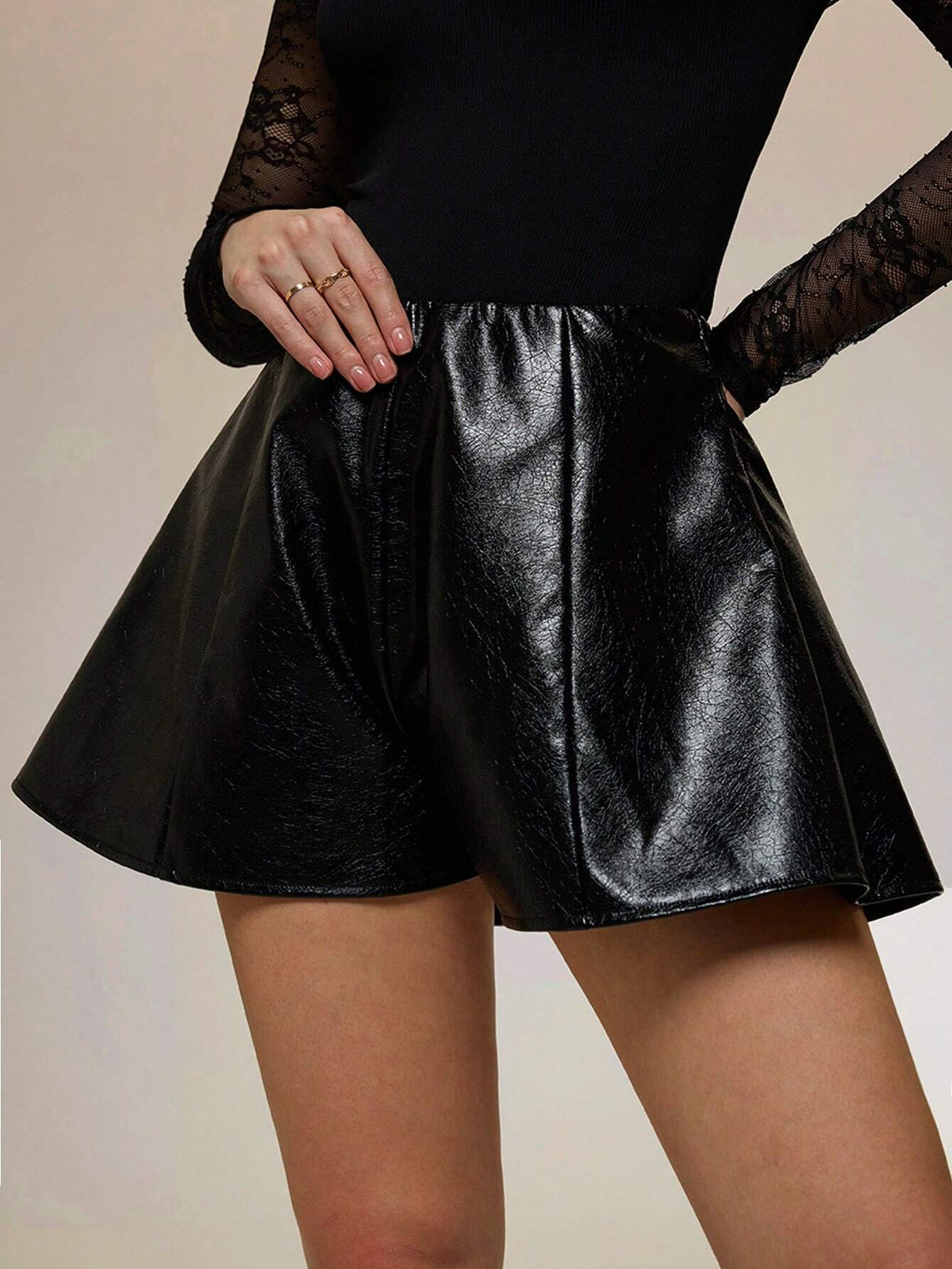 Glamine High Waist Flared Hem Loose Fit Shorts With Shiny Leather Texture, For Autumn & Winter
