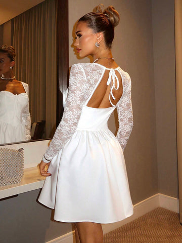 Glamine Lace Spliced Long-Sleeved Backless Strappy Sexy Dress With Pleated White Fishbone Waist And A-Hem Dress