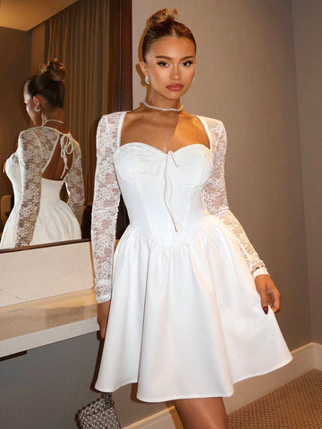 Glamine Lace Spliced Long-Sleeved Backless Strappy Sexy Dress With Pleated White Fishbone Waist And A-Hem Dress
