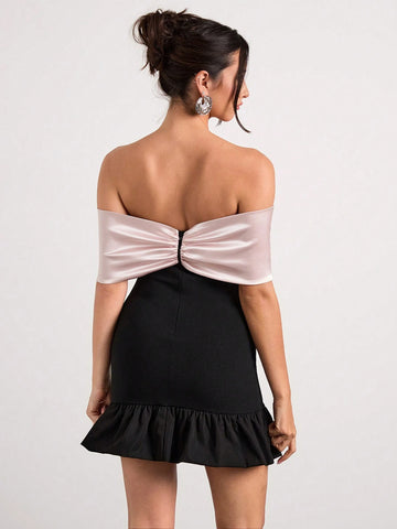 Glamine One-Shoulder Bow Tight Black Mini Skirt With Contrasting Color Splicing Design And Hip-Hugging Bud Dress