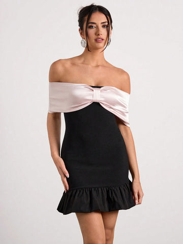 Glamine One-Shoulder Bow Tight Black Mini Skirt With Contrasting Color Splicing Design And Hip-Hugging Bud Dress