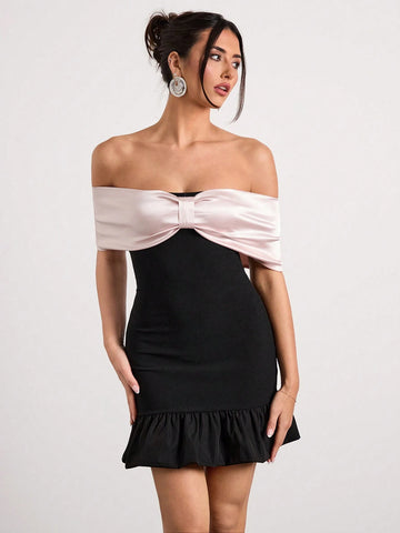 Glamine One-Shoulder Bow Tight Black Mini Skirt With Contrasting Color Splicing Design And Hip-Hugging Bud Dress