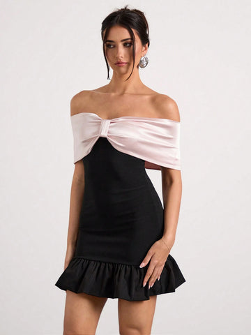 Glamine One-Shoulder Bow Tight Black Mini Skirt With Contrasting Color Splicing Design And Hip-Hugging Bud Dress