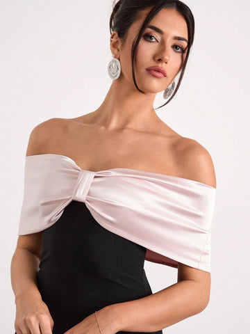 Glamine One-Shoulder Bow Tight Black Mini Skirt With Contrasting Color Splicing Design And Hip-Hugging Bud Dress