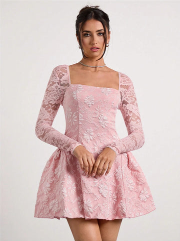Glamine Romantic, Elegant, Sexy Pink Woven French-Style Collar Long Sleeve Lace Patchwork Jacquard Palace-Style Mini Party Dress With Arched Hem, Suitable For Festivals In Autumn/Winter