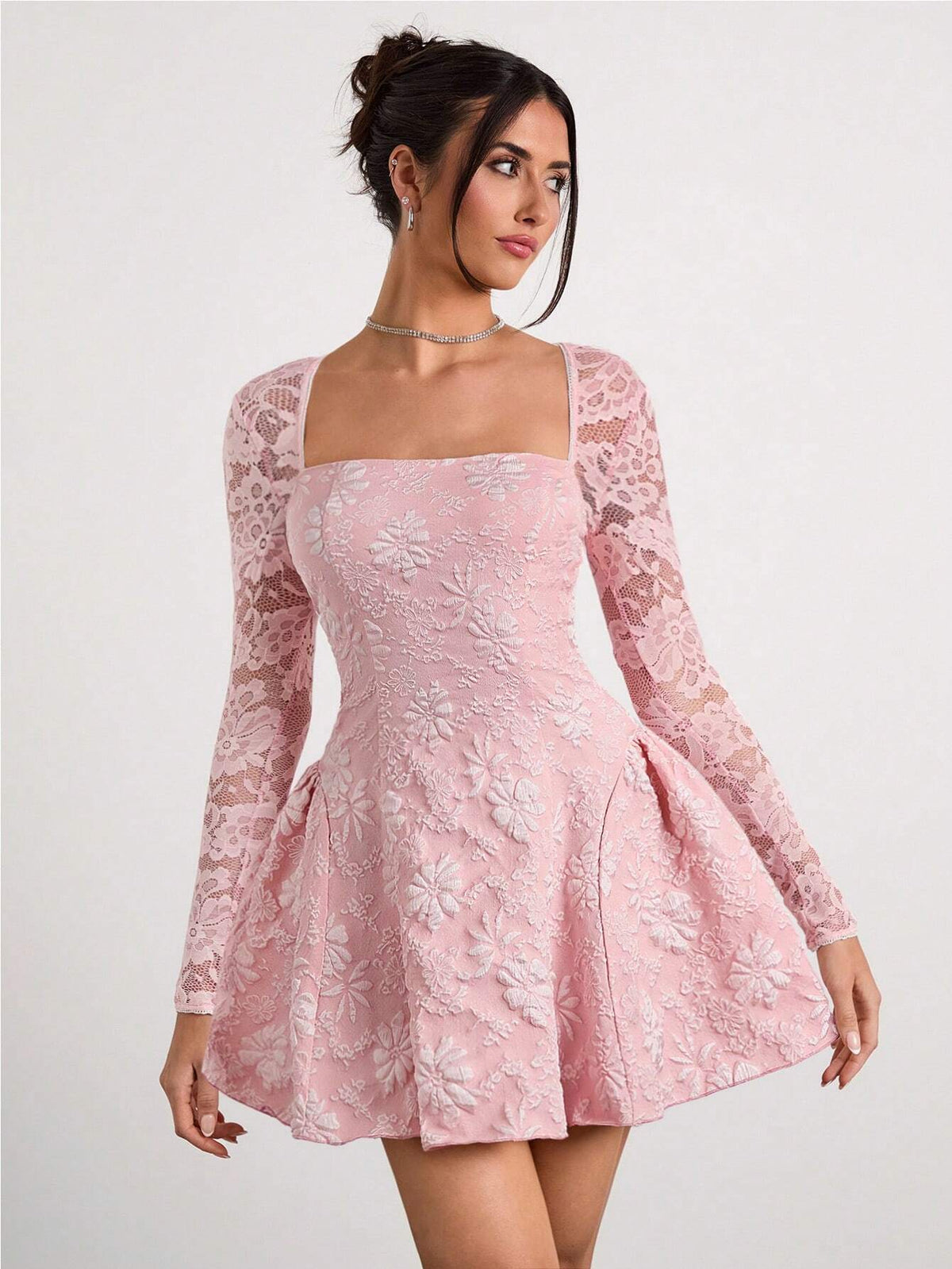 Glamine Romantic, Elegant, Sexy Pink Woven French-Style Collar Long Sleeve Lace Patchwork Jacquard Palace-Style Mini Party Dress With Arched Hem, Suitable For Festivals In Autumn/Winter
