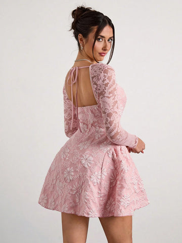 Glamine Romantic, Elegant, Sexy Pink Woven French-Style Collar Long Sleeve Lace Patchwork Jacquard Palace-Style Mini Party Dress With Arched Hem, Suitable For Festivals In Autumn/Winter