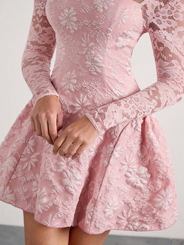 Glamine Romantic, Elegant, Sexy Pink Woven French-Style Collar Long Sleeve Lace Patchwork Jacquard Palace-Style Mini Party Dress With Arched Hem, Suitable For Festivals In Autumn/Winter