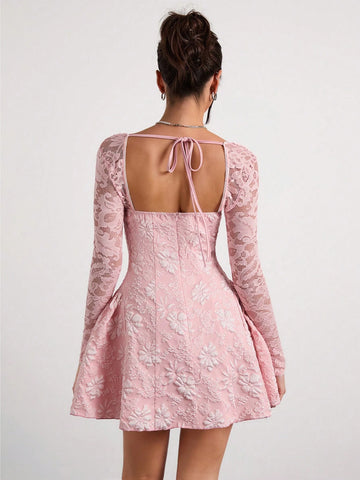 Glamine Romantic, Elegant, Sexy Pink Woven French-Style Collar Long Sleeve Lace Patchwork Jacquard Palace-Style Mini Party Dress With Arched Hem, Suitable For Festivals In Autumn/Winter