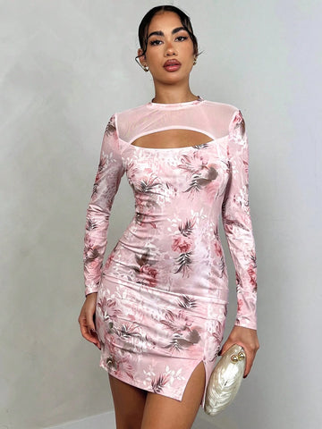 Glamine Sexy Printed Cloth Hollow Out Split Slim Midi Netting Splicing Dress, Spring & Autumn,Fall Dresses,Party Dresses