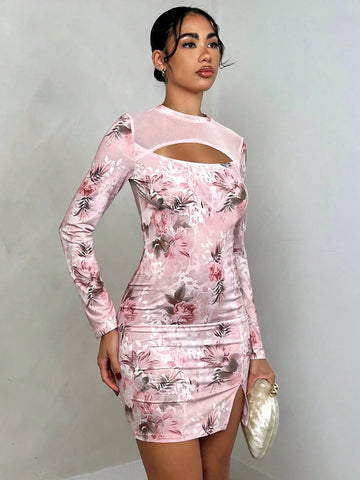 Glamine Sexy Printed Cloth Hollow Out Split Slim Midi Netting Splicing Dress, Spring & Autumn,Fall Dresses,Party Dresses