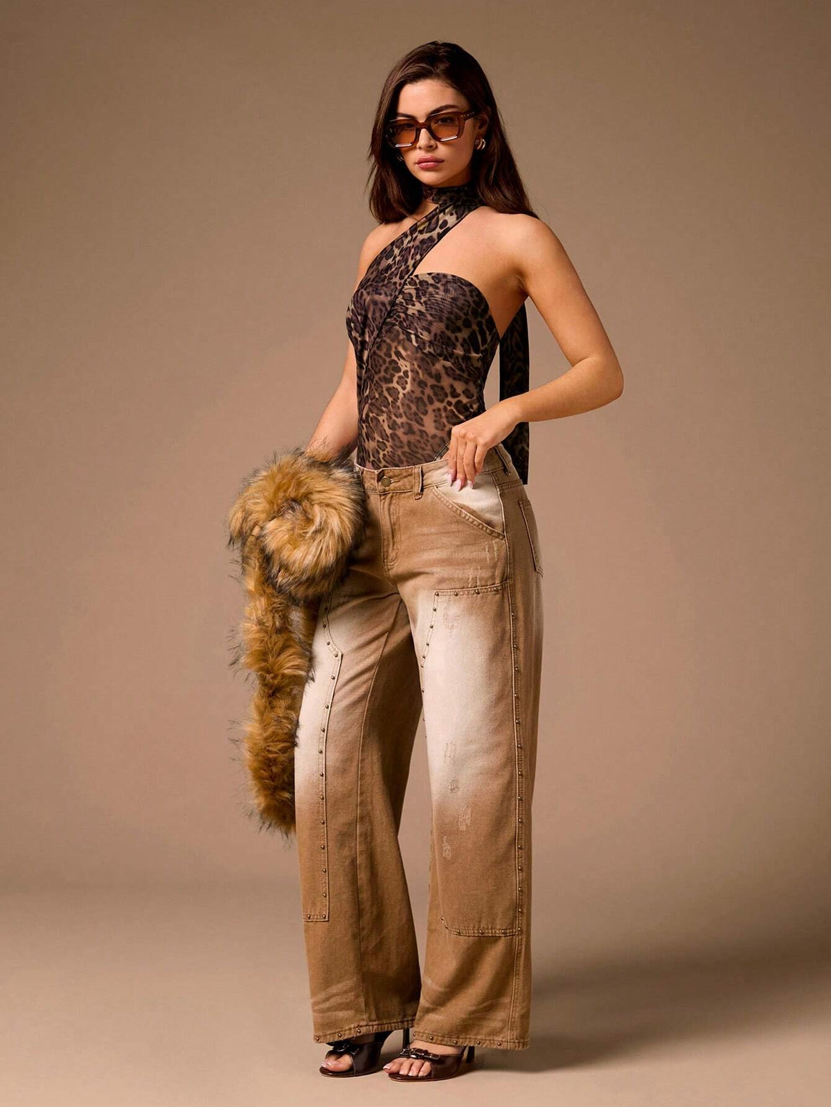 Glamine Sheer Leopard Print V-Neck Romper With Scarf For Women